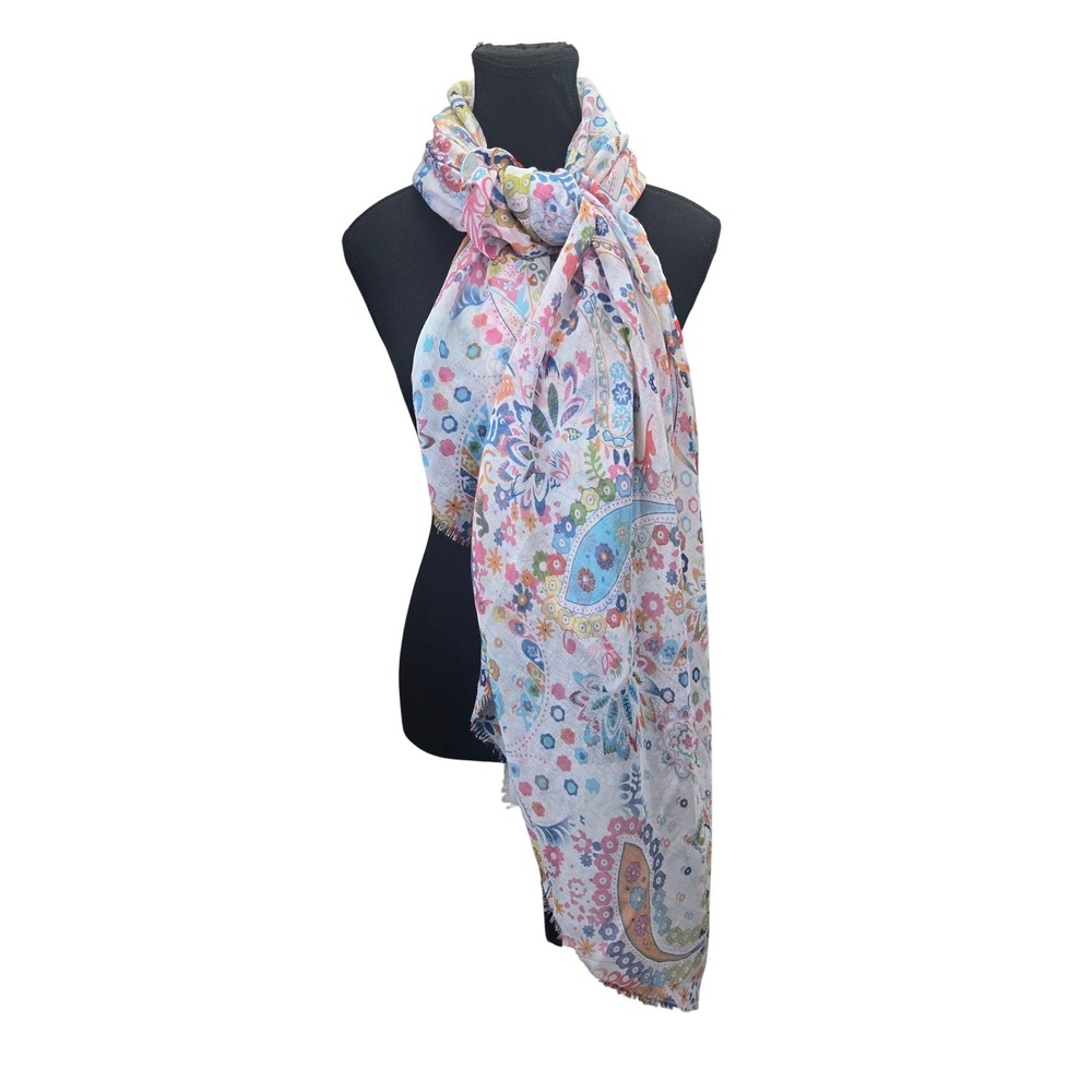 Multi Color Paisley Floral Print Lightweight Gauze Scarf with Eyelash Fringe
